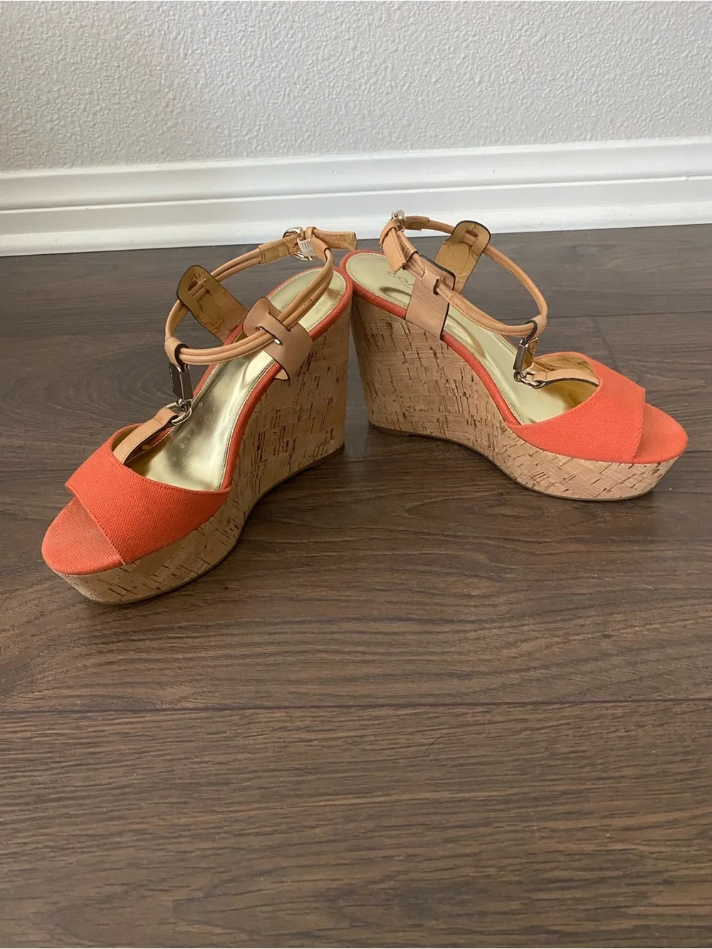Coach Orange Canvas Cork Wedge Sandals with Tan Leather Straps